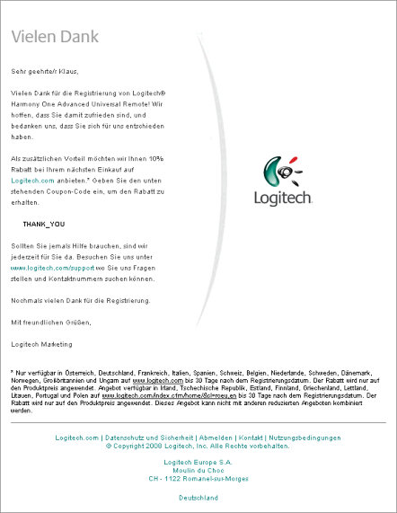 Bestätigungs-eMail für Logitech Harmony One 100% Geld zurück Garantie